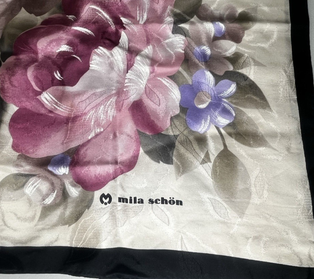 Mila Schon 100% Silk Rose Floral Print Scarf Square 35" Feminine Romantic Dainty